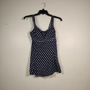 GREAT LENGTHS 1 Piece Swimsuit Womens 10 Navy White Polka Dot Double Strap Skirt